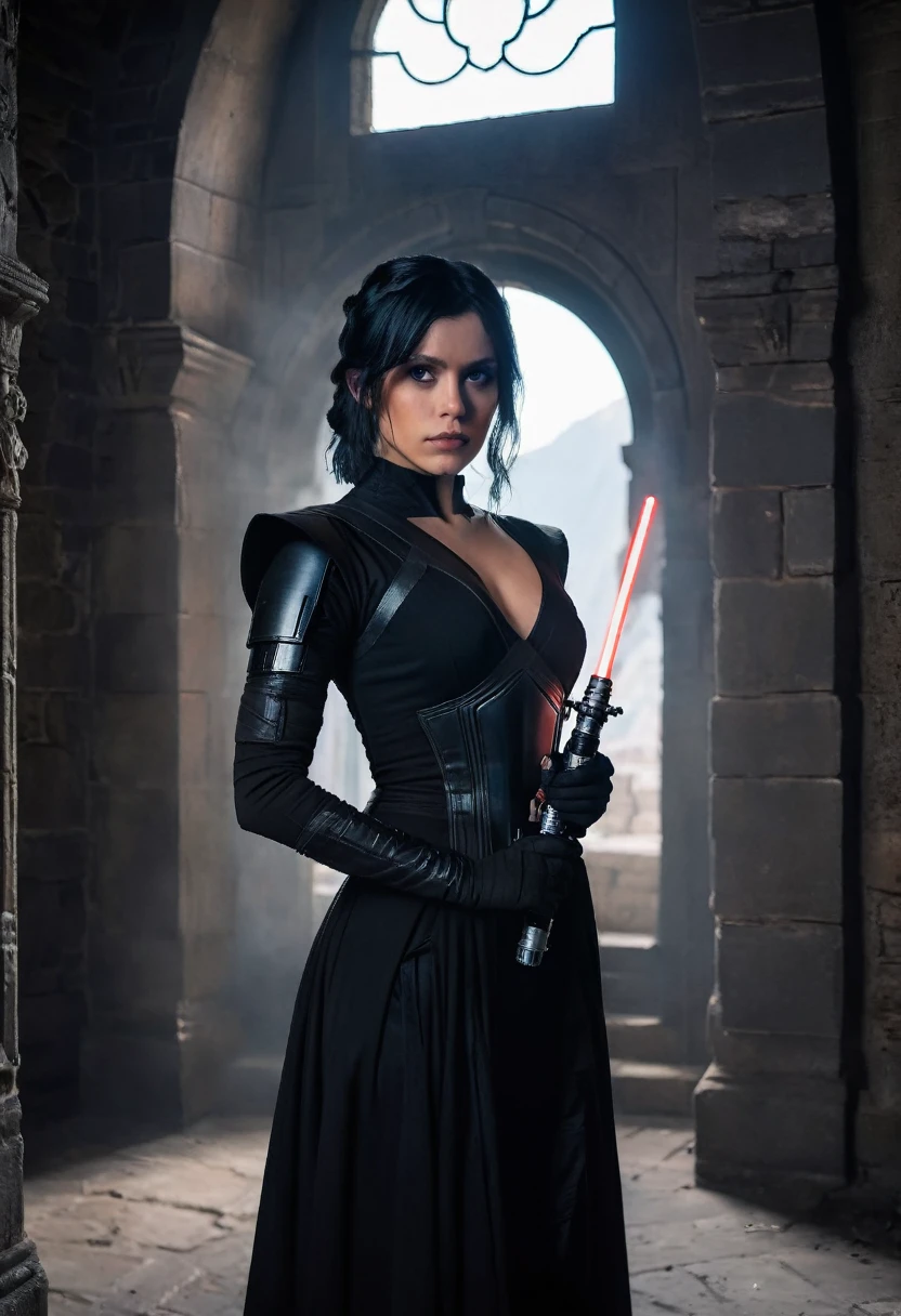 a beautiful picture of w3dn3sday in black basque, holding a lightsaber masterpiece, photorealistic, woman, castle interior background,detailed, backlighting, light, RAW color photo,(fully in frame:1.1), detailed skin texture, (blush:0.5), (goosebumps:0.5),wearing a basque, black hair,