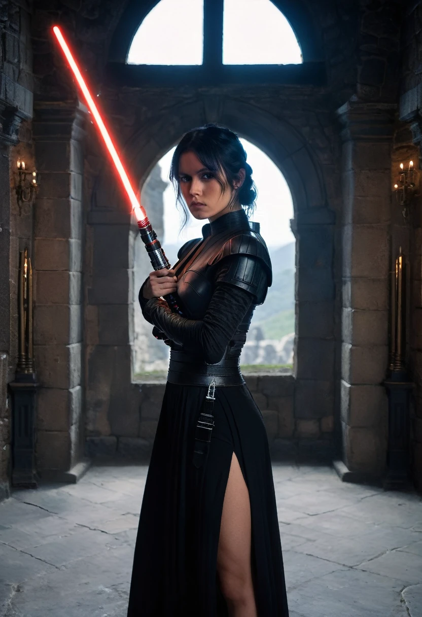 a beautiful picture of w3dn3sday in black basque, holding a lightsaber masterpiece, photorealistic, woman, castle interior background,detailed, backlighting, light, RAW color photo,(fully in frame:1.1), detailed skin texture, (blush:0.5), (goosebumps:0.5),wearing a basque, black hair, 