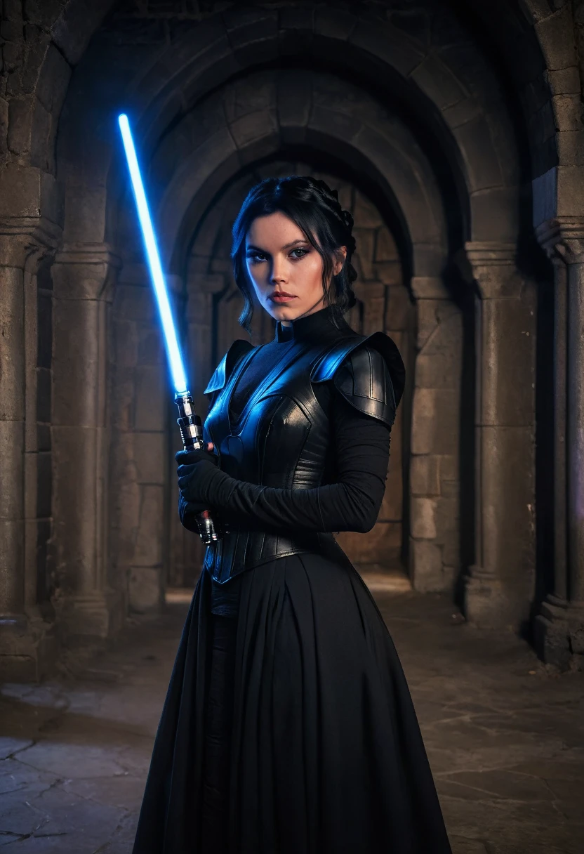 a beautiful picture of w3dn3sday in black basque, holding a lightsaber masterpiece, photorealistic, woman, castle interior background,detailed, backlighting, light, RAW color photo,(fully in frame:1.1), detailed skin texture, (blush:0.5), (goosebumps:0.5),wearing a basque, black hair, 