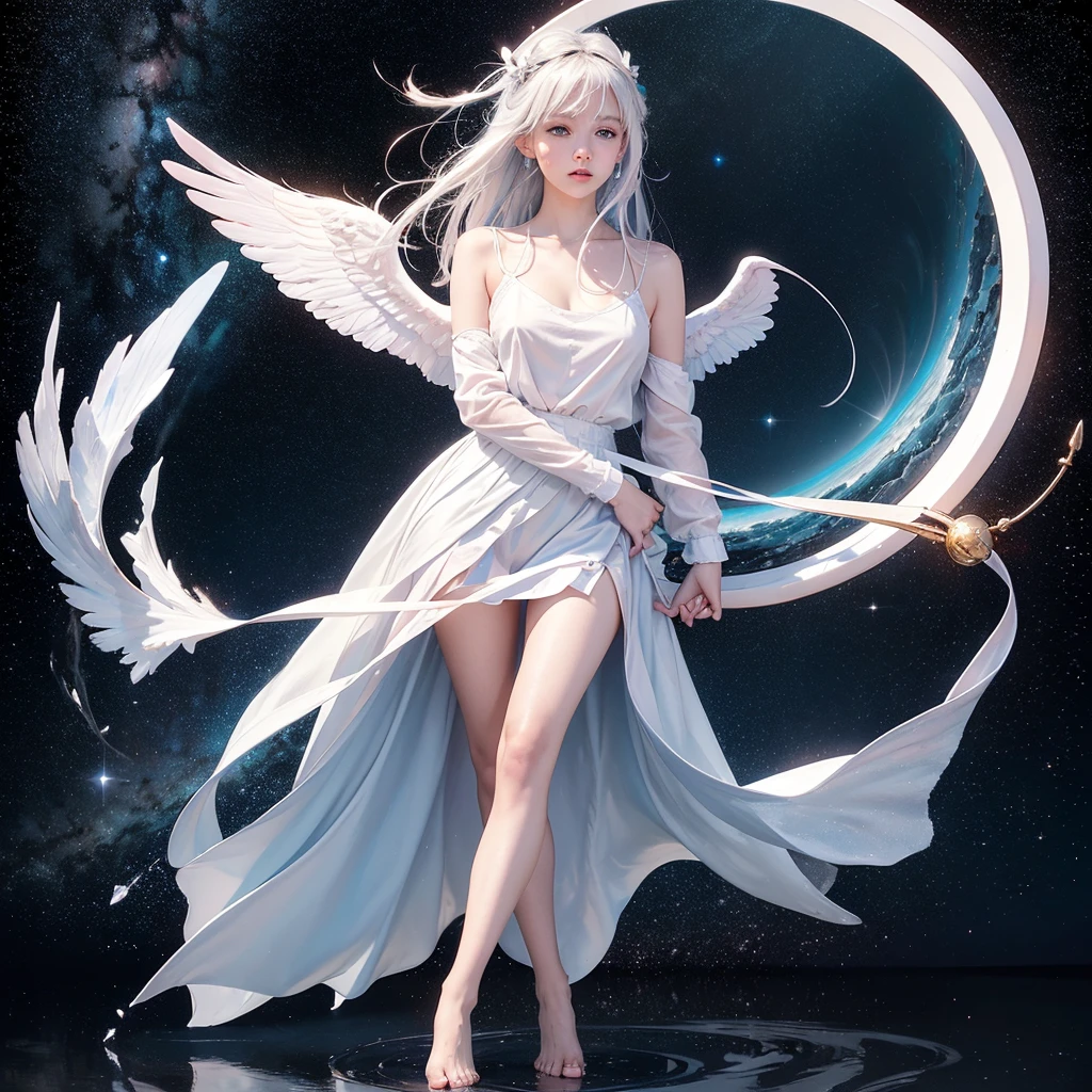 High-quality images,Standing in front of the mirror, I hold my hands together with my reflection,cosmic starry sky,Beautiful Landscape,Floating in the air,tears,A moving moment,Girl,,Light blue eyes,White Hair,White shirt,Lower body exposed,Light pink little angel wings,Black hair band,A wine-red miniskirt floats,barefoot