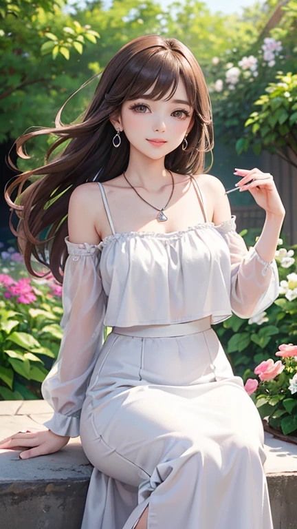 (Highest quality、 8k 、masterpiece、High resolution)、Young lovely woman、Ample breasts、Smooth and unnoticeable collarbone、Slender beauty、(Brown hair medium、My hair is blowing in the wind、Flows backwards)、Full Body Shot、 (Beautiful Face,Beautiful Eyes,Beautiful nose,Pretty lips)、(Stephanie hoove earrings、silver heart necklace)、((Black tops、White and monochrome dot long skirt(Ankle length))、Her mouth opens slightly and a smile appears.、Pause、Outdoor、(A Western-style garden filled with blooming flowers)、Colorful flowers、Vibrant colors、The red stands out、looking at the camera、Professional Lighting、Professional photographer、Detailed CG、