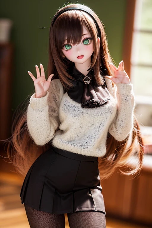 (SFW:2), photorealistic, realistic photo, 8k, ((highest quality)), ((masterpiece)), (extremely detailed), kukolnydom, doll, (mature woman, 21yo, 21 years old, solo:1.6), ((cowboy shot, standing, head tilt, waving, slim, slender, skinny, medium breasts, hairband, ascot, vest, blouse, long puff sleeves, pleated skirt, black pantyhose)), (green eyes, brown hair, long hair, plastic skin, looking at another, glass eyes, gradient eyes, shining eyes, detailed eyes:1.3)