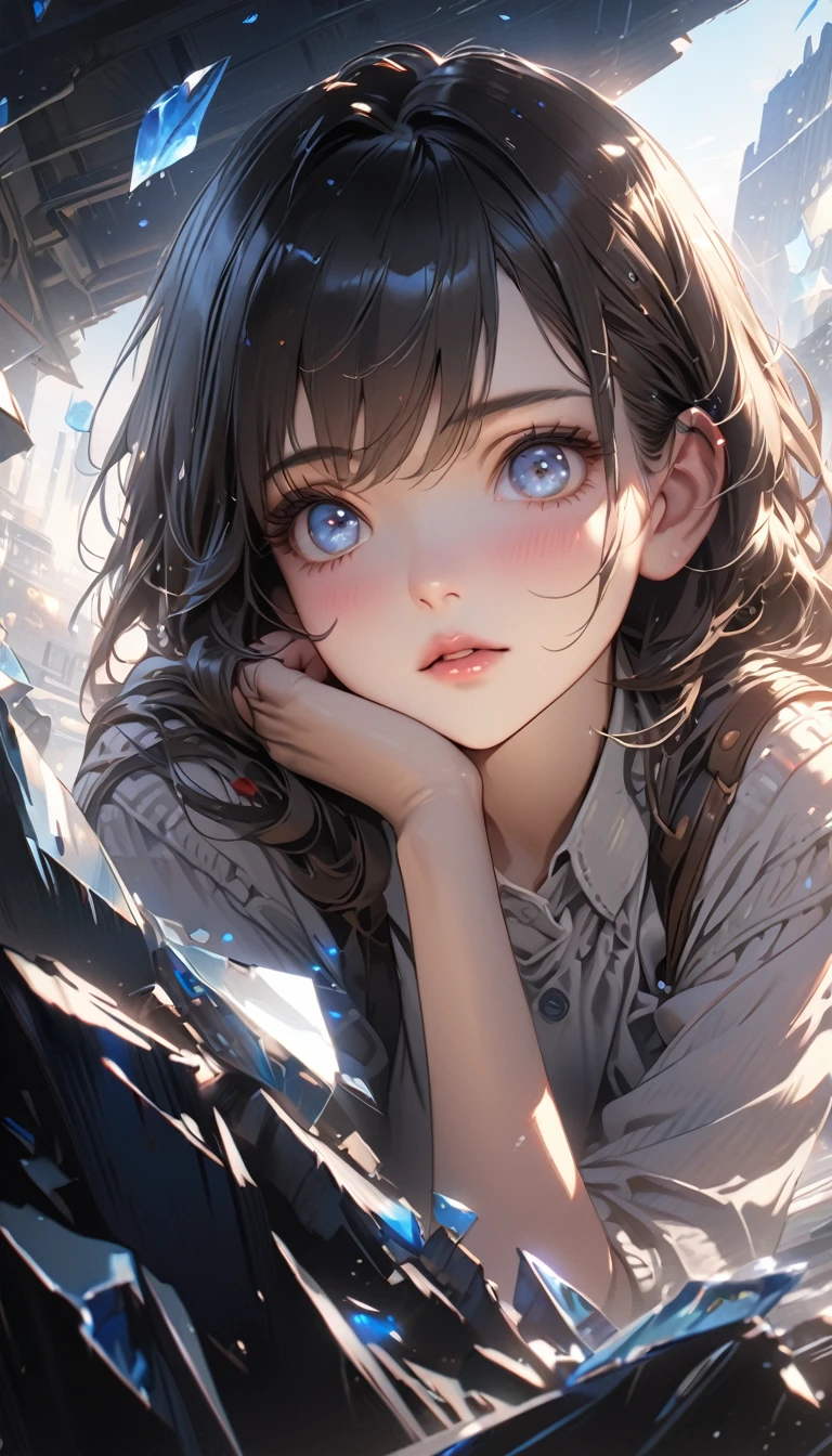 cute girl, Clock eyes, broken glass shard, anime, detailed lighting, UHD, blue lighting, Masterpiece, highest quality, realistic 