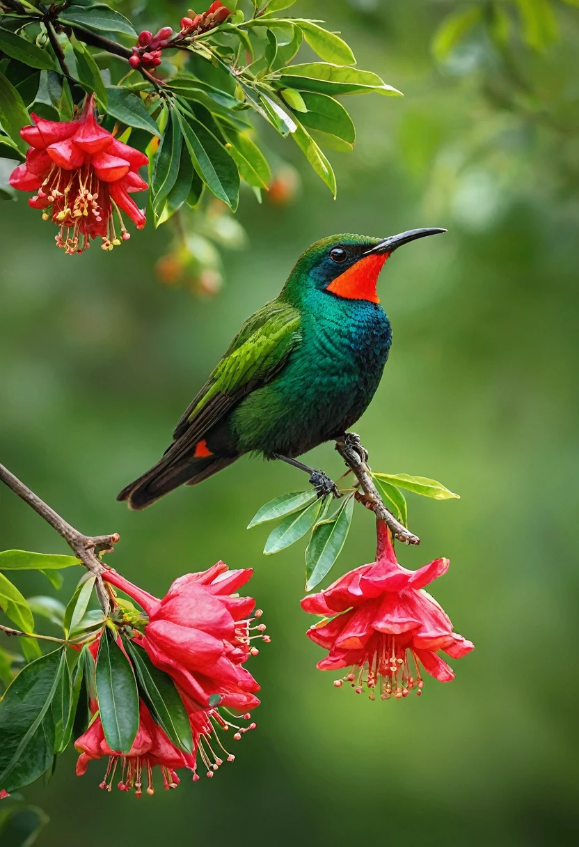 There are two sunbirds flying around the pomegranate tree, Red pomegranate flowers, Green pomegranate leaves,Green bokeh background,By Sudeep Roy, high quality Nature photosgraphy, Photos taken with Nikon D750, Photos taken with Nikon D750, Basuki Abdullah, tropical birds, author:Cold plum, Nature photos, Physical geography photography, award winning Nature photos, author:Peter Churcher System Cancelled