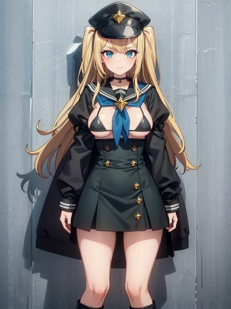 imagine a girl, big , masterpiece, (perfectly detailed), full 4k quality, perfectly defined, 1 girl, full_ body, ((standing)), magical_girl, legs_apart, skindentation, large_breast, neckerchief, blue_neckerchief, between_breasts, blue eyes, almond eyes, smile, string_bikini, black_bikini, bikini, bikini_top_only, hanging_breasts, blonde long hair, curly_hair , eyebrows_hidden_by_hair, blunt_bangs, hime_cut, tress_ribbon, nail_polishn black_nails, coat, striped_clothes, white_coat, open_coat, long_sleeves, sleeves_past_wrists , puffy_sleeves, sailor_dress, sailor_collar, black_sailor_collar, miniskirt, pencil_skirt, high-waist_skirt, ((green_skirt)), thighhighs, boots, knee_boots, high_heels, platform_boots, green_footwear, fold-over_boots, shadow, pinky_out, peaked_cap, white_hat, miltary hat, pulling_own_clothes, taut_dress, pussy_juice, pussy_juice_trail, white_background