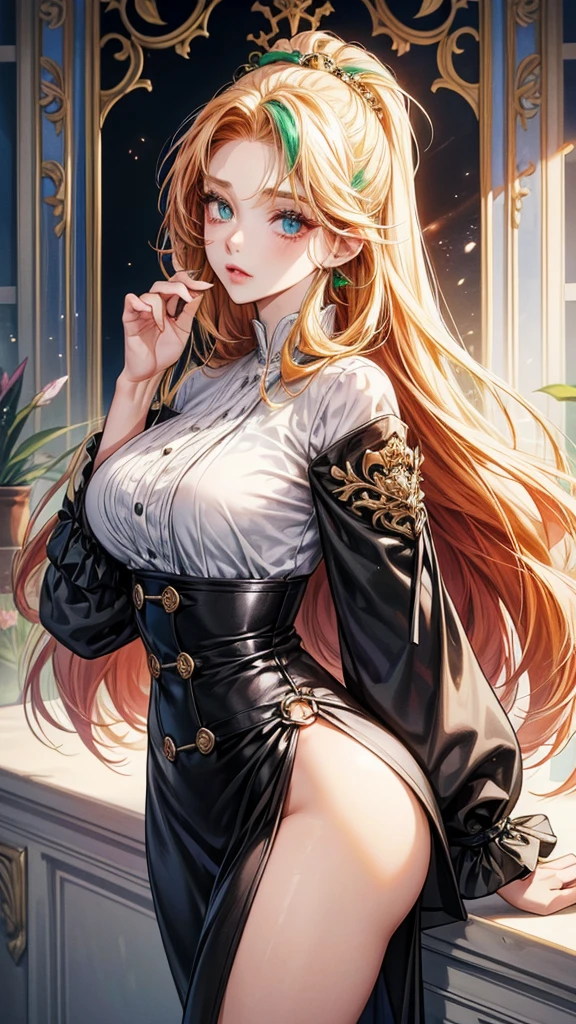 One beautiful office woman,
Very long hairstyle 、ginger hair , emerald eyes, beautiful eyes, detailed eyes ,
Two-tone hair colors,small face、anime makeup、"A girl with a cute and androgynous face"、white skin、cute eyes、thin eyebrows、tall、stylish black luxury fashion、stylish outfits 、、25 years old、British girl、Has a languid look、anger、Lower the corners of your mouth with no expression on your face、Photographed from the side diagonally、model photoshoot、masterpiece、highest quality、high resolution、office、glaring expression、korean makeup 、Cool photos、Various poses、rich ,, .,large curves, big breasts, plump body.