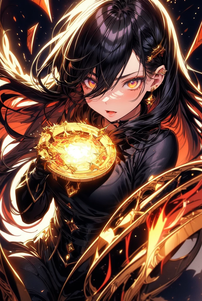 (masterpiece, best quality, ultra-detailed, best shadow), (detailed background,dark fantasy), (beautiful detailed face), high contrast, (best illumination, an extremely delicate and beautiful), ((cinematic light)), colorful, hyper detail, dramatic light, intricate details, (1girl, solo,dark hair, sharp face, rainbow eyes, hair between eyes,dynamic angle), blood splatter, swirling black light around the character, depth of field,black light particles,(broken glass), mythical dragon circle, (fire), very expressive expression, sexy,