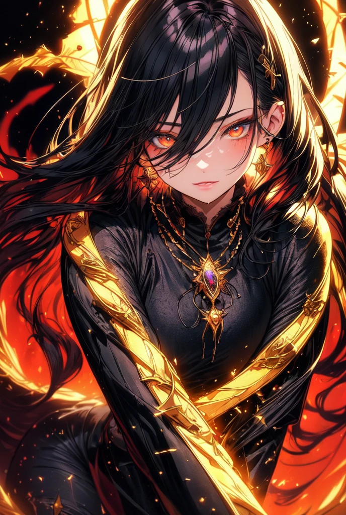 (masterpiece, best quality, ultra-detailed, best shadow), (detailed background,dark fantasy), (beautiful detailed face), high contrast, (best illumination, an extremely delicate and beautiful), ((cinematic light)), colorful, hyper detail, dramatic light, intricate details, (1girl, solo,dark hair, sharp face, rainbow eyes, hair between eyes,dynamic angle), blood splatter, swirling black light around the character, depth of field,black light particles,(broken glass), mythical dragon circle, (fire), very expressive expression, sexy,