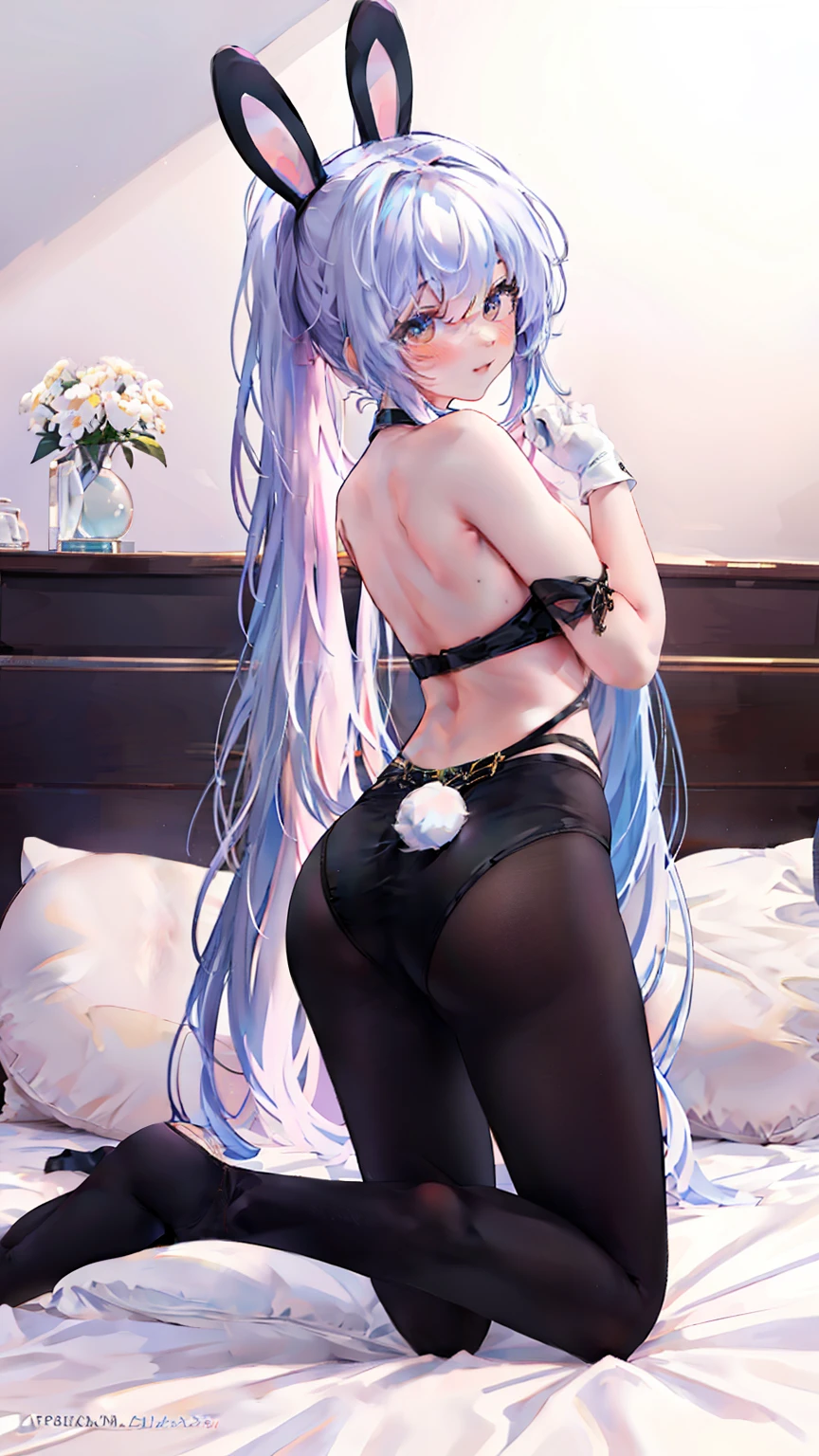 (rabbit) ,Ridiculous,Comment,high resolution,1 girl,18 years old, perfect body proportions,absurdly long hair ,Animal ears,yes,Back,Backless outfit,bare Back,bare shoulders,black tights,blush,medium breasts,split collar,fake Animal ears,fake Tail,bikini,thong,from behind,whole body,glove it,hand on own thigh,High heel,high ponyTail,high legs,large,big ass,long hair,looking at the audience,looking Back,official alternate costume,on Stool,playboy rabbit,ponyTail,Rabbit ears,rabbit Tail,scapular,side breasts,side lock,sign,standing,sexy teasing pose, bend over on bed,alone,Strapless,Tail, username,very long hair,bedroom Background,White gloves