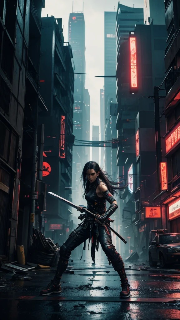 cyberpunk human with long messy hair, dirty body, holding a katana sword with both hands taking a standby stance, full body, destroyed city background, professional cinematic photography