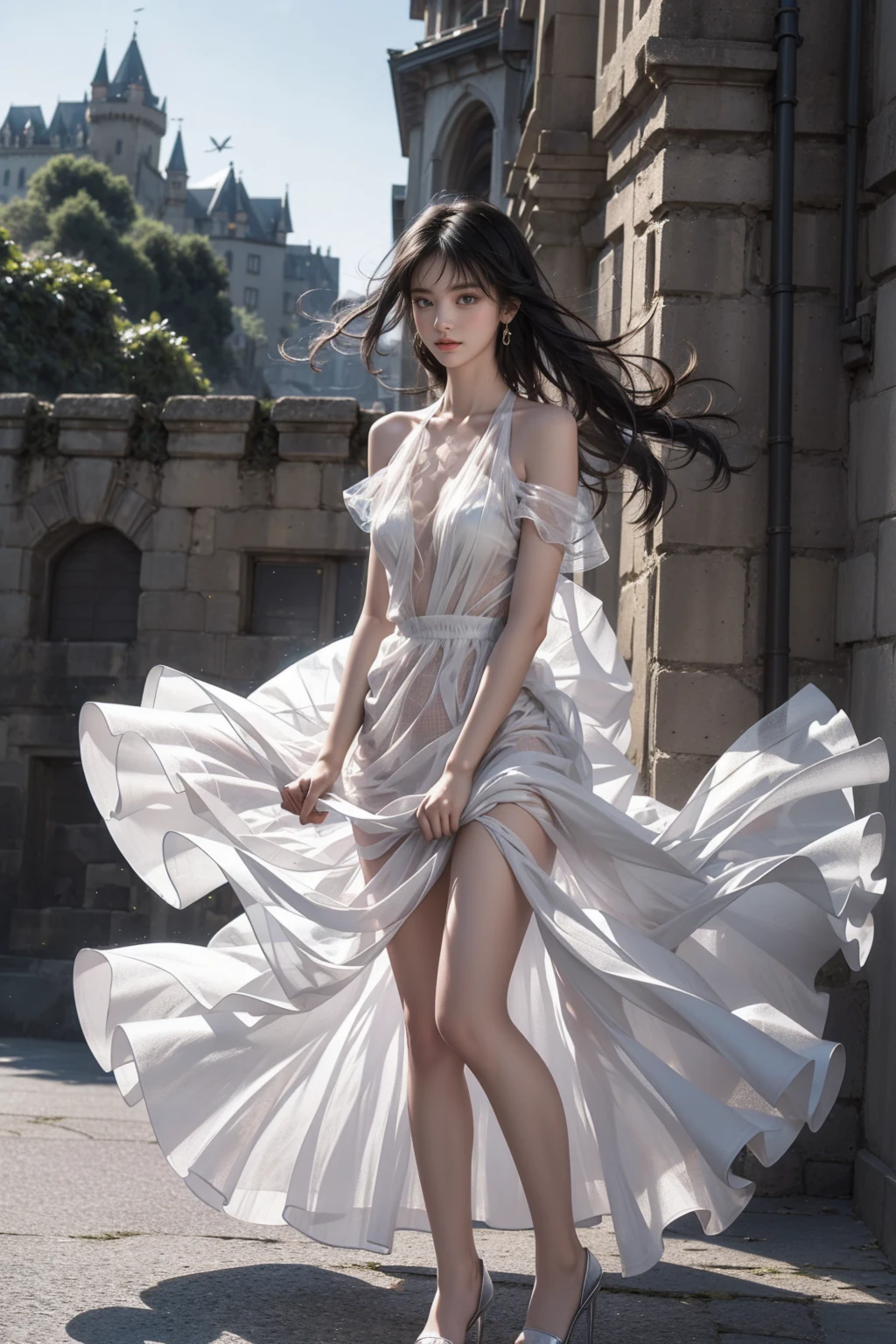 ((Girl standing in front of the wall of an old castle))、(Rear view)、(look back)、Fluorescent color、1 girl、Looking to the side、Beautiful face、Beautiful eyes、(Off the shoulder:1.2)、Upper Body、Shiny Hair、Glowing Skin、 Reduce glare、The proportions of the fingers have been adjusted、Escrow、ass pov、Dynamic Angle、(((Master part)))、(((highest quality)))、(((Super-detailed))) detailed)、(An illustration)、(Detailed light)、(Very delicate and beautiful)、Dramatic_Shadow、Ray_Tracking、reflection、 Ultra-high resolution、((A girl with colorful hair and mesh in her black hair))、 Her hair flutters in the wind、(Large deep blue eyes)、Black Haired Woman、 Sparkling Butterfly、Black-haired woman、Points of light around the woman、Magical Aura、Green dot、Aura About Natural、超Magical AuraBlack-haired woman,((Semi-transparent white open shoulder dress:1.3))、(No sleeve)、((My skirt is flying up in the wind)),((An old European castle is hazy in the distance)),((White panties are visible)),