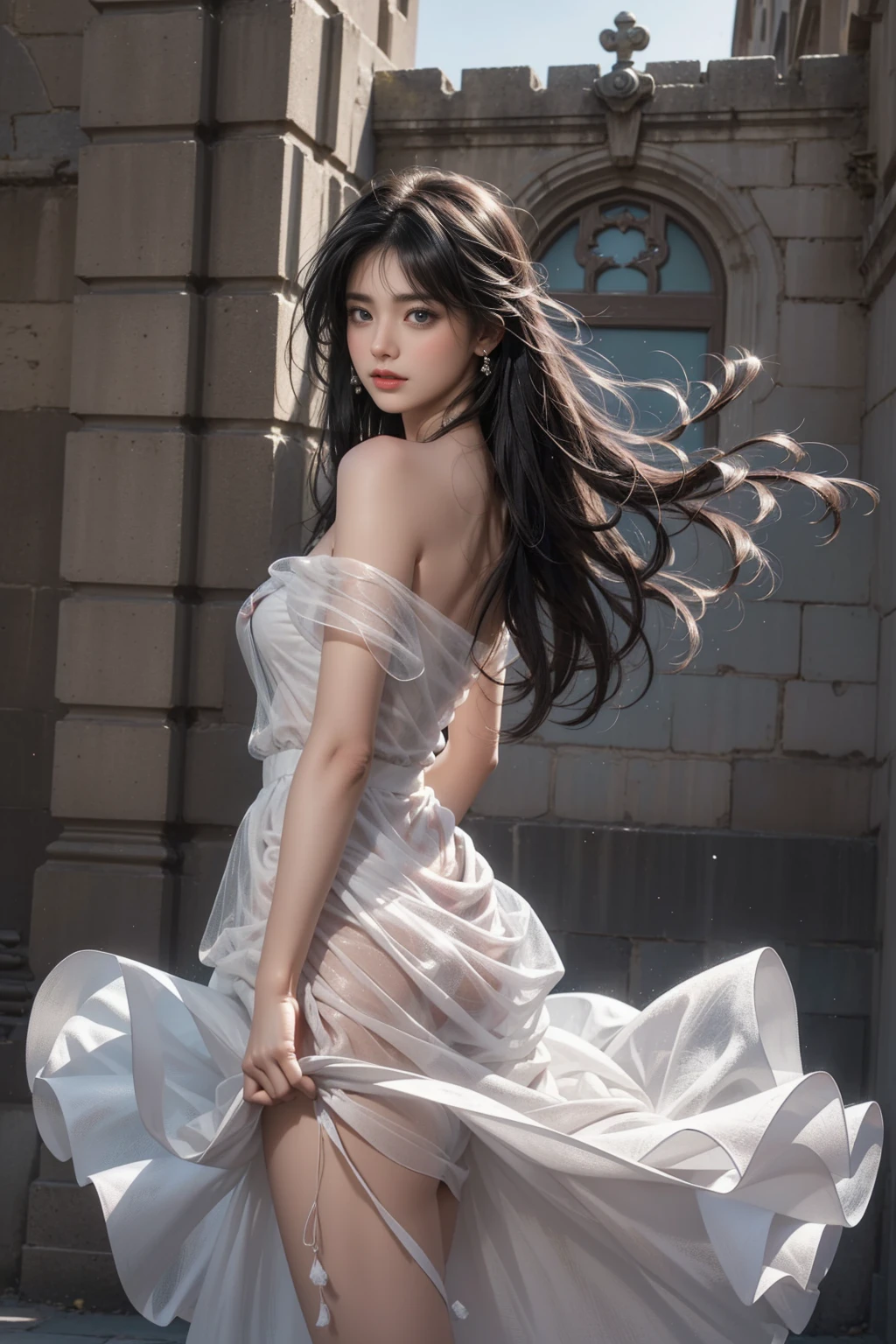 ((Girl standing in front of the wall of an old castle))、(Rear view)、(look back)、Fluorescent color、1 girl、Looking to the side、Beautiful face、Beautiful eyes、(Off the shoulder:1.2)、Upper Body、Shiny Hair、Glowing Skin、 Reduce glare、The proportions of the fingers have been adjusted、Escrow、ass pov、Dynamic Angle、(((Master part)))、(((highest quality)))、(((Super-detailed))) detailed)、(An illustration)、(Detailed light)、(Very delicate and beautiful)、Dramatic_Shadow、Ray_Tracking、reflection、 Ultra-high resolution、((A girl with colorful hair and mesh in her black hair))、 Her hair flutters in the wind、(Large deep blue eyes)、Black Haired Woman、 Sparkling Butterfly、Black-haired woman、Points of light around the woman、Magical Aura、Green dot、Aura About Natural、超Magical AuraBlack-haired woman,((Semi-transparent white open shoulder dress:1.3))、(No sleeve)、((My skirt is flying up in the wind)),((An old European castle is hazy in the distance)),((White panties are visible)),