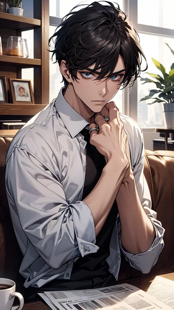 (Masterpiece:1.2, best quality), (Real picture, complicated details), alone, 1 male character, black hair,blue eyes,handsome,Details of the face, whole body shot, shirt, informal,muscle, read newspaper,Details of the hand,ring on ring finger, bad person,shirtสีดำ, He is sitting on the sofa.,coffee mug, In a coffee shop with a comfortable atmosphere, comfortable place