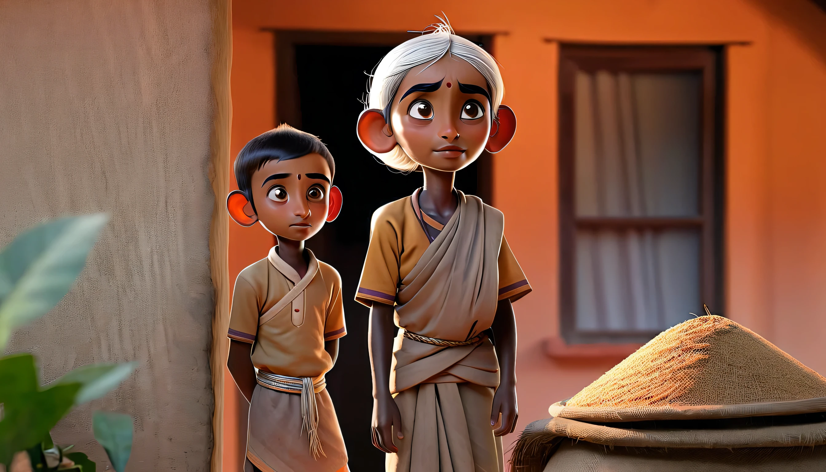 A small boy named Raju standing next to his elderly grandmother in a simple village house.

Elements: A small, humble house made of mud and straw, with Raju (a young boy in simple clothes) standing beside his grandmother (an elderly woman with a kind face and gray hair).
Lighting: Soft morning light filtering through the small window, casting a warm glow inside the house.
Vibe: Warm, loving, and humble.