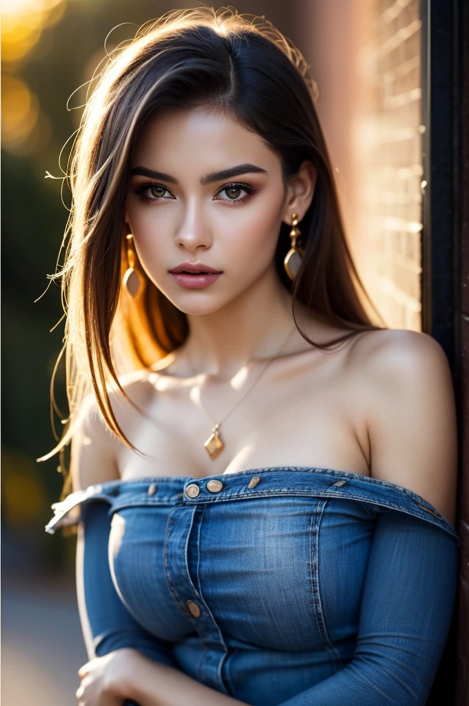 Beautiful young, Face with super beautiful details, (Mouth slightly open, sexy look:1.1), (beautiful medium breasts:1.1), (Skinny body:1.2), (Ultra-stylish black shirt), (blue jean pants), (neckline:1.2), (thin face:1.2), Accessories, earrings, conceptual art, high quality, realist, Extremely detailed 8k unified CG wallpaper, Very detailed, High definition RAW color photography, Professional photo session, (realist full body portrait), cinematic light, Beautiful detailed, Super detail, High details, sexy art, (((bokeh))), Depth of fields, lightning, Super stylish lighting,