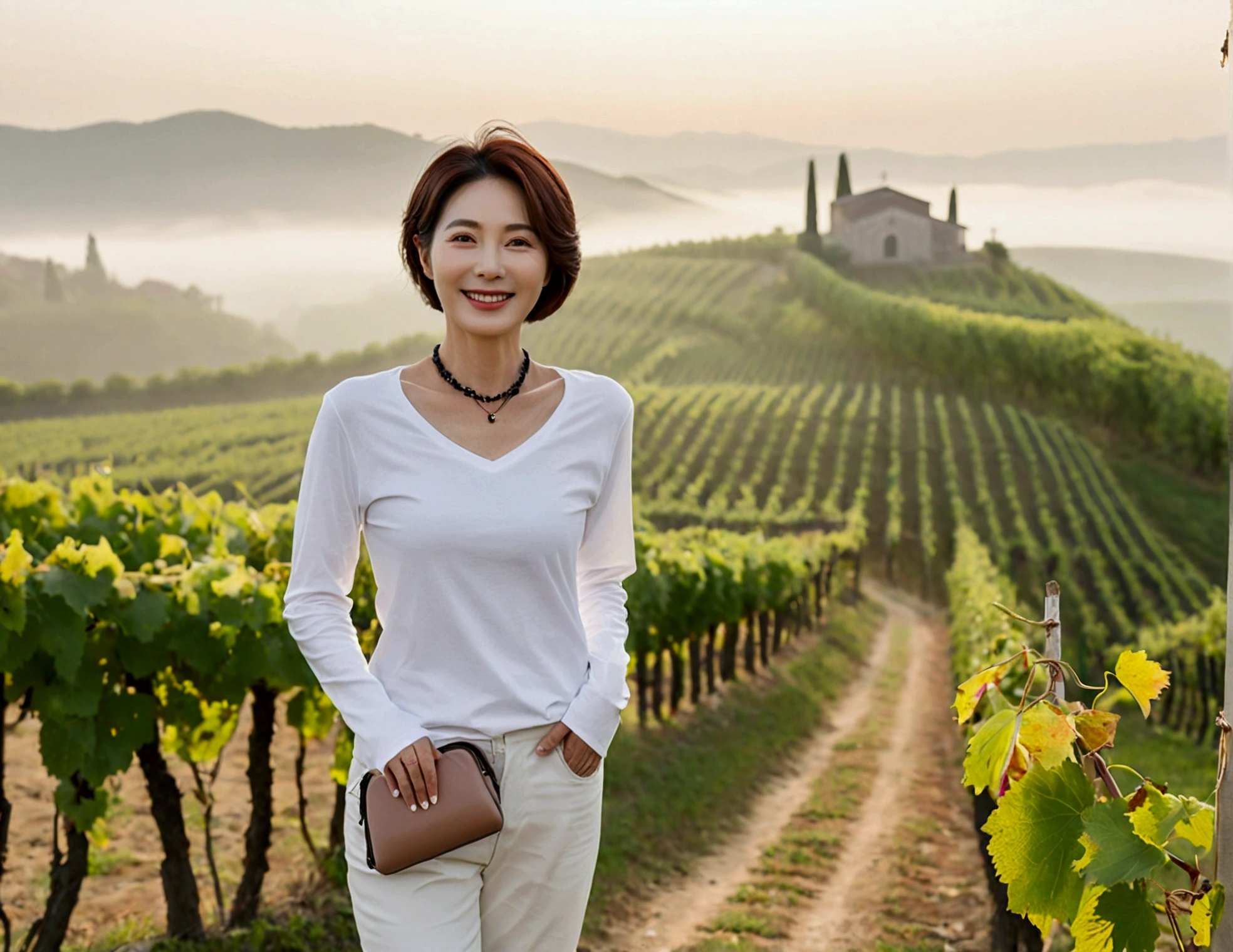 Italy foggy countryside dawn, Endless vineyards, A cathedral can be seen far away in the fog.. Korean woman in her 40s, Wearing a luxury brand white long-sleeved T-shirt, casual pants, Korean woman with beautiful short medium bob hair, Standing on a path on top of a vineyard hill, Beautiful Korean woman with bright and clear skin, The neckline is clean and beautiful.. Stunning Korean woman smiling, standing in the vineyard , Cowboy Shot Pose, small black string necklace, 1 woman