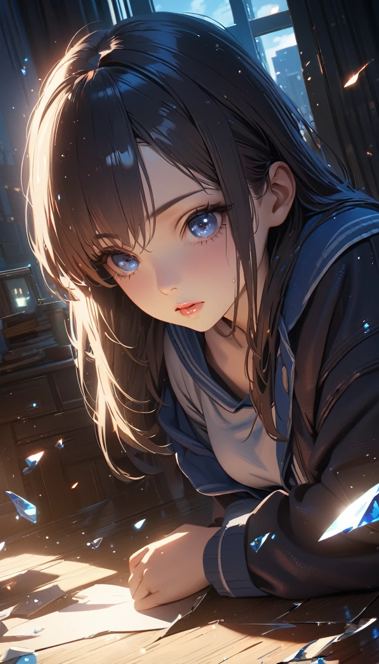 cute girl, Clock eyes, broken glass shard, anime, detailed lighting, UHD, blue lighting, Masterpiece, highest quality, realistic,8k