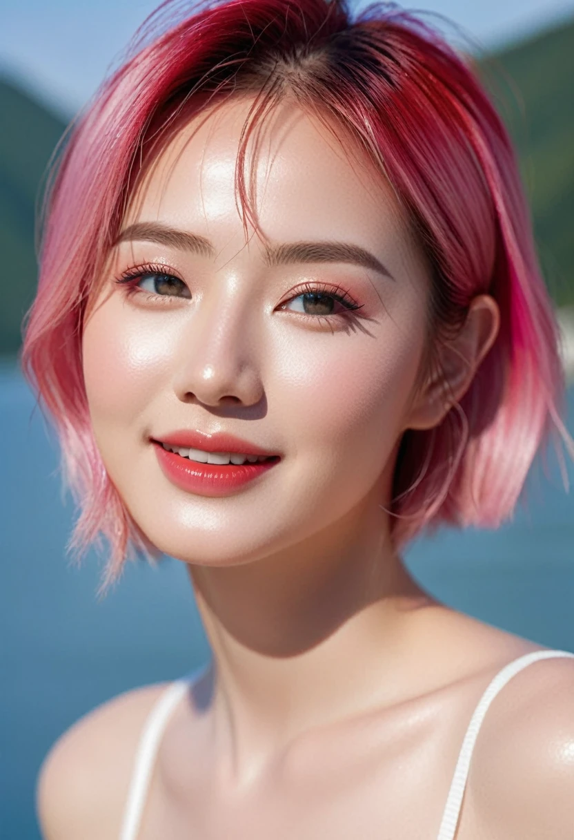 Photo taken from the waist up;
age from 18-20 years old;
detailed, ivory-white, rosy, shiny, glossy skin;
golden red hair, smooth, flowing in the sunlight, detailed;
blue eyes, seductive, ((sharp makeup)), realistic, ((wet)), detailed, pink eyeshadow;
two delicate eyelids, perfectly beautiful, detailed, black eyelashes;
curved, sparse, sharp, detailed eyebrows;
beautiful and perfect face, saintly, light makeup, perfectly proportioned, beautiful in every detail, ((shiny)), cosmetics;
beautiful, lovely, high, detailed nose;
Blush, prominent, detailed cheekbones;
seductive lips, glossy pink lips;
radiant smile, pure white teeth, details; Photo taken with Canon EOS R5 85mm f/11 Camera, ((sharp)) mode of people and surrounding scenery. Image quality ((8K)), ((lifelike)), ((masterpiece)), ((sharp and highest contrast)), ((great depth of field)), ((light stereolithography)).
((Pink hair)), ((high-end cosmetic makeup)), ((bright, radiant smile)), ((brilliant glossy red lipstick)), ((Ivory, white skin bright)), detailed pores, ((glossy skin)), ((Light shining directly on the face)), bright sunlight.