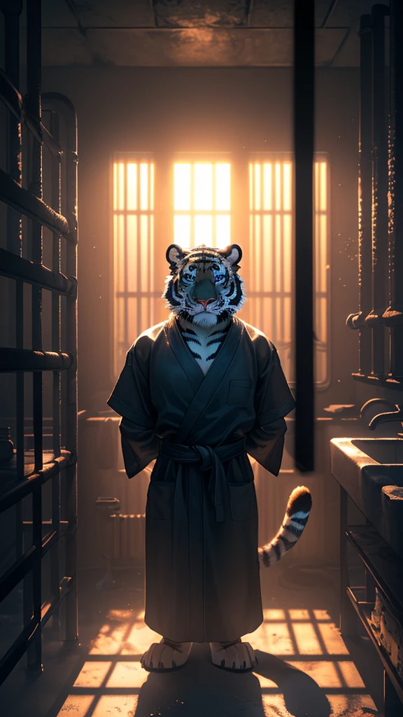 ((solo)), (((furry)), anthro, ((purple tiger)), male, adult, ((very muscular)), ((very wide shoulders)), ((perfect eyes)), (((correct eyes))), ((perfect anatomy)), (((correct anatomy))), tail, ((fur)), ((sharp claws)), ((standing)), ((full body)), ((aggressive appearance)), ((angry face)), ((looking at the camera)), (leaning against the wall), ((prison robe)), ((prison)), ((prison cell)), ((bars on the window)), (behind bars), ((dirty room)), ((dark room)), (sink), ((prison bed)), ((dark tones)), ((depressing atmosphere)), night, ((very beautiful lighting and shadows)), (very realistic lighting and shadows), ((cinematic lighting and shadows)), cinematic, ((best quality)), ((smallest particles)), ((ultra detailed)), ((depth of field)), ((blurred background)), ((sharp focus))