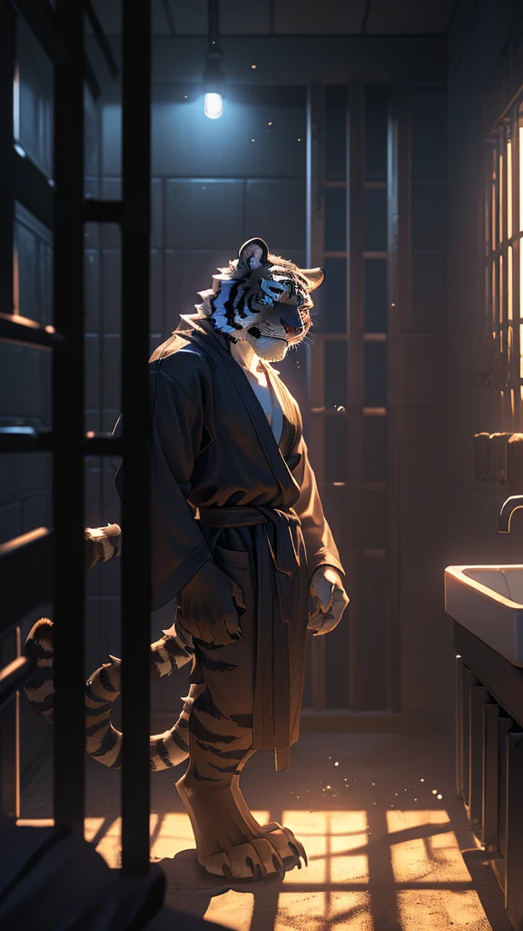 ((solo)), (((furry)), anthro, ((purple tiger)), male, adult, ((very muscular)), ((very wide shoulders)), ((perfect eyes)), (((correct eyes))), ((perfect anatomy)), (((correct anatomy))), tail, ((fur)), ((sharp claws)), ((standing)), ((full body)), ((aggressive appearance)), ((angry face)), ((looking at the camera)), (leaning against the wall), ((prison robe)), ((prison)), ((prison cell)), ((bars on the window)), (behind bars), ((dirty room)), ((dark room)), (sink), ((prison bed)), ((dark tones)), ((depressing atmosphere)), night, ((very beautiful lighting and shadows)), (very realistic lighting and shadows), ((cinematic lighting and shadows)), cinematic, ((best quality)), ((smallest particles)), ((ultra detailed)), ((depth of field)), ((blurred background)), ((sharp focus))
