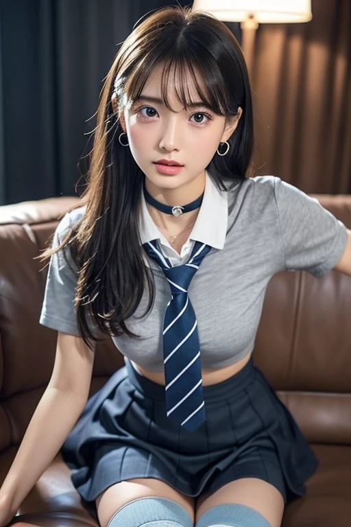 1 girl、17 year old female、cute、Gray-haired、clothing（Cropped shirt、Check skirt、Knee socks、Light blue tie） And a very slim figure,,,,,、Very thin leganicules、Earrings、Pink Lip、choker、Real、Sexual、Highest quality、Detailed face、Detailed Background、Depth of written boundary、whole body viewing angle、Get on your knees and sit on the couch、Sexual、alone、night,Highest quality、High resolution、超High resolution（Real：1.4）Detailed eyes、Gradation、Perfect anatomical figure、Woman with perfect body、Highly detailed skin、非常にDetailed face、Beautiful eyes in every detail、Background Blur