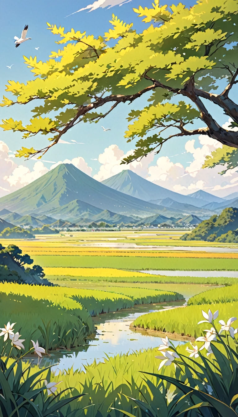 There is a poster,Distant Mountains,A small amount of rice is ripe,Little egret flying in the distance
