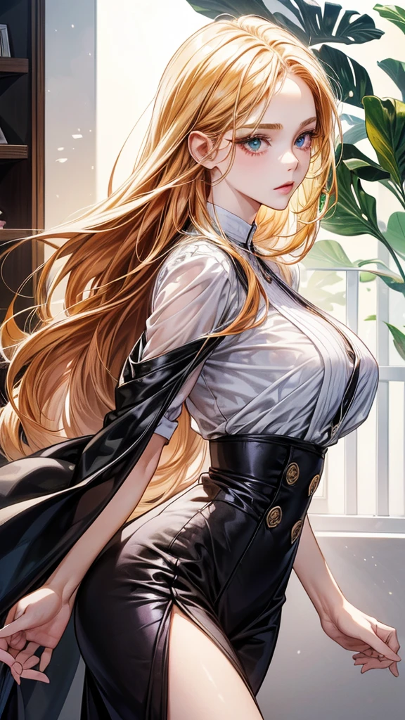 One beautiful office woman,office background
Very long hairstyle 、ginger hair , emerald eyes, beautiful eyes, detailed eyes ,
Two-tone hair colors,small face、anime makeup、"A girl with a cute and androgynous face"、white skin、cute eyes、thin eyebrows、tall、stylish black luxury fashion、stylish outfits 、、25 years old、British girl、Has a languid look、anger、Lower the corners of your mouth with no expression on your face、Photographed from the side diagonally、model photoshoot、masterpiece、highest quality、high resolution、office、glaring expression、korean makeup 、Cool photos、Various poses、rich ,, .,large curves, big breasts, plump body.