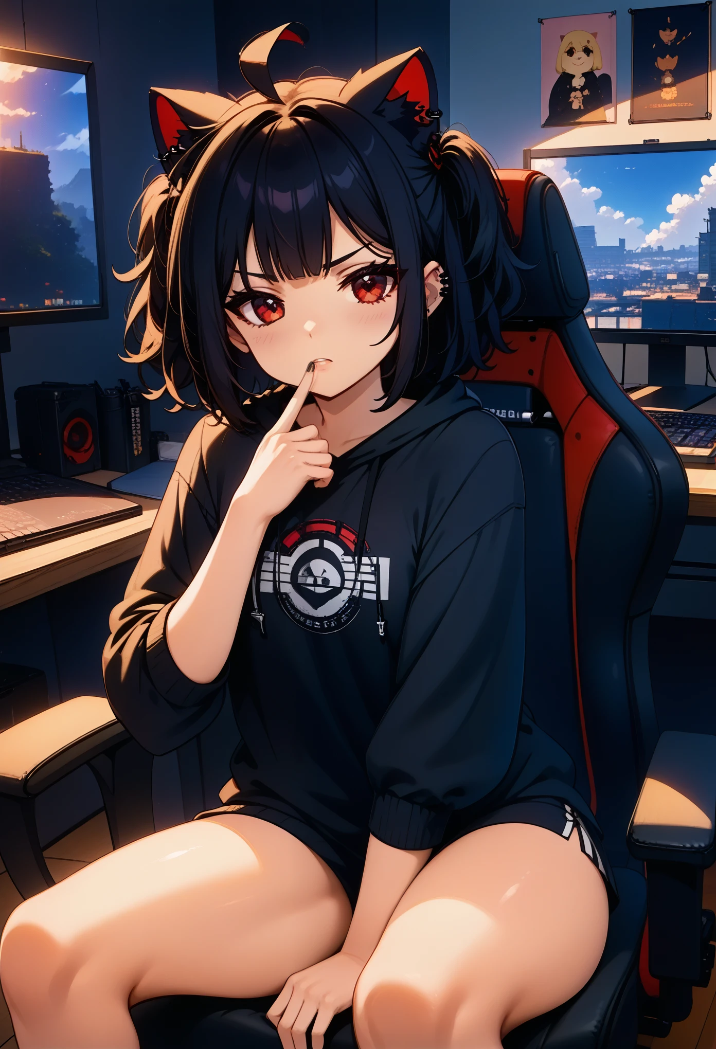 ((junkotvvxl, cabello negro, ojos rojos, orejas de gato, Adult, Female, Black hair, red eyes)), goth girl, gothic aesthetic, goth clothing, goth make up, thick thighs, medium chest, annoyed, disgruntled, sitting in gaming chair, gt racing chair, bedroom, gothic bedroom, aesthetic bedroom, Masterpiece, Accurate, Anatomically Correct, Best Quality, High Details, Detail, Super Detailed, Best detail, Perfect detail, Amazing detail, [-3, 3], perfect hands, best hands, best fingers, perfect fingers, perfect body, best body, amazing body, Looking at viewer, front facing, upper body shot, orejas de gato,(((neko ears))), (chica neko), cute neko ears, messy hair,(flequillo), (coletas), (cabello largo),(((orejas de gato)))