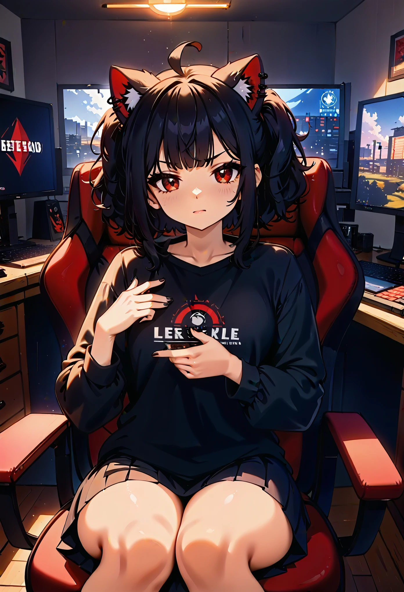 ((junkotvvxl, cabello negro, ojos rojos, orejas de gato, Adult, Female, Black hair, red eyes)), goth girl, gothic aesthetic, goth clothing, goth make up, thick thighs, medium chest, annoyed, disgruntled, sitting in gaming chair, gt racing chair, bedroom, gothic bedroom, aesthetic bedroom, Masterpiece, Accurate, Anatomically Correct, Best Quality, High Details, Detail, Super Detailed, Best detail, Perfect detail, Amazing detail, [-3, 3], perfect hands, best hands, best fingers, perfect fingers, perfect body, best body, amazing body, Looking at viewer, front facing, upper body shot, orejas de gato,(((neko ears))), (chica neko), cute neko ears, messy hair,(flequillo), (coletas), (cabello largo),(((orejas de gato)))