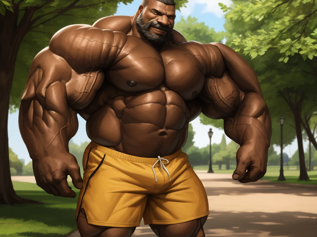 1boy, 1man, solo, (realistic:1.3, hyperrealistic, hyper realistic, super realistic). Park, extremely huge muscular, massive muscular , (topless, shirtless, shorts), well-muscled old man. ((extremely muscle size, super thick arms, huge pec, extremely wide pectoral , huge arms)), wide smiling. Add textures and details to make the image more realistic, such as the appearance of the. Make sure the resulting image is high resolution, 8K quality