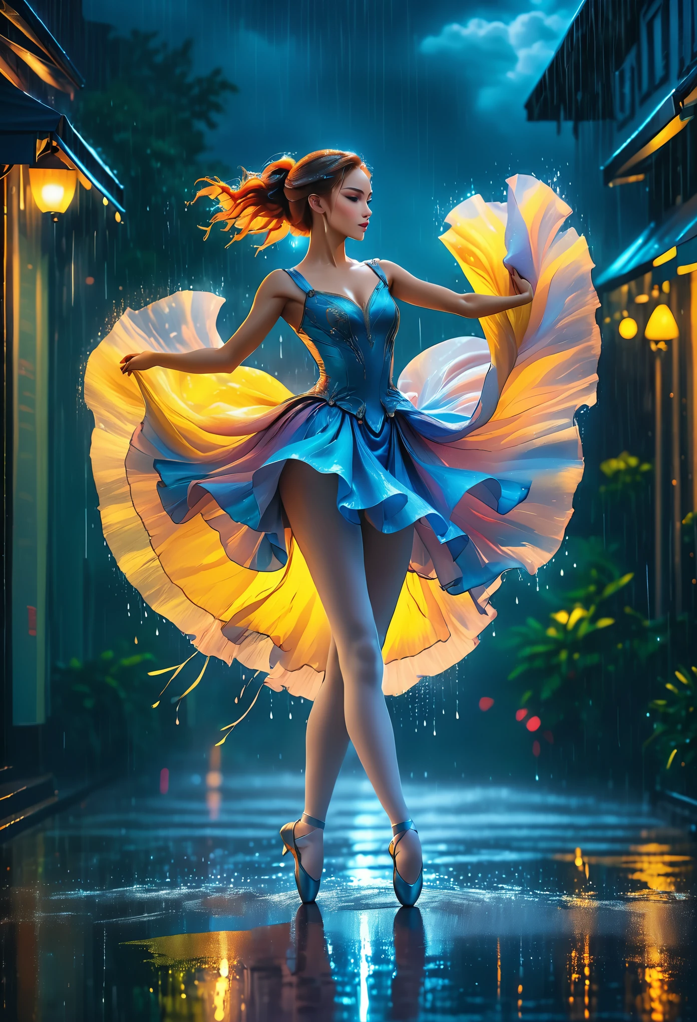 a portrait of female classical ballet prima ballerina dancing in the rain, a full body picture ((anatomically correct: 1.5)) ultra detailed face, of a exquisite beautiful female dancer wearing silk evening dress, intricate dress dynamic hair color, dynamic hair style, dynamic skin complexion, wearing ballet shoes, wearing thigh highs, ((she is standing in the middle of the rain storm: 1.5)), she is wet, yet enjoys the dance in the rain, cloudy night, lightning storm, dynamic background, vibrant, Ultra-high resolution, High Contrast, (masterpiece:1.5), highest quality, Best aesthetics), best details, best quality, highres, 16k, (ultra detailed: 1.5), masterpiece, best quality, (extremely detailed) RAW, (ultra details, Masterpiece, best quality), Cinematic Hollywood Film, artxldnc, phoenix dress,