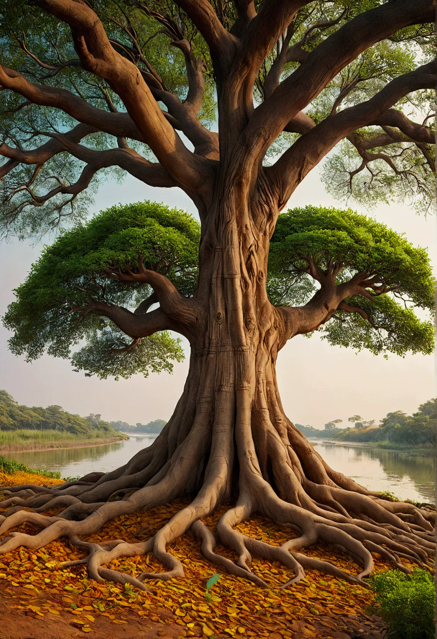 a masterpiece of landscape view, in middle of image have very largest the Mahabodhi Tree (tree of awakening) stand alone, The tree has beautiful, perfect leaves. natural daylight, surround natural claim and peaceful, Infront of the tree have smooth grass surface. on the bank of river, india, the Neranjara River behind in background, highly detailed, highres, kodak film. professional shot, perfect composition, widely shot.