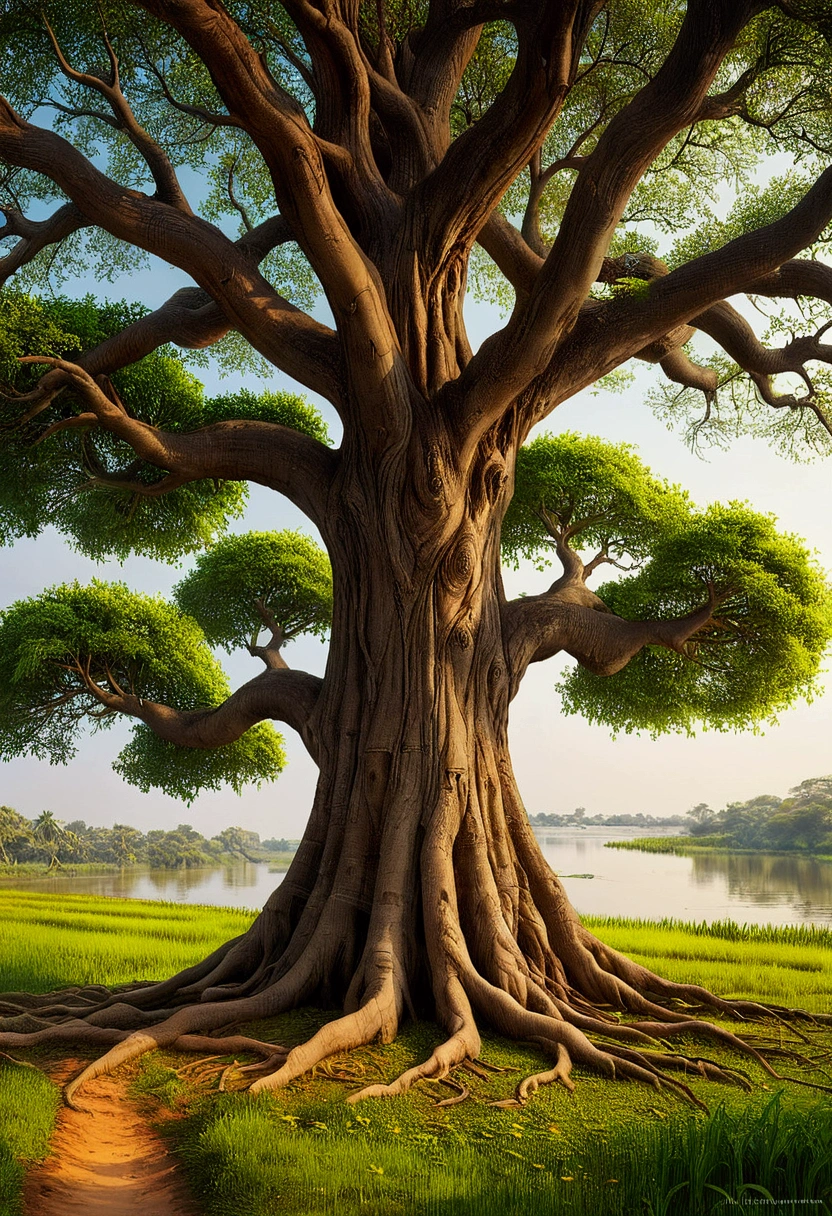 a masterpiece of landscape view, in middle of image have very largest the Mahabodhi Tree (tree of awakening) stand alone, The tree has beautiful, perfect leaves. natural daylight, surround natural claim and peaceful, Infront of the tree have smooth grass surface. on the bank of river, india, the Neranjara River behind in background, highly detailed, highres, kodak film. professional shot, perfect composition, widely shot.