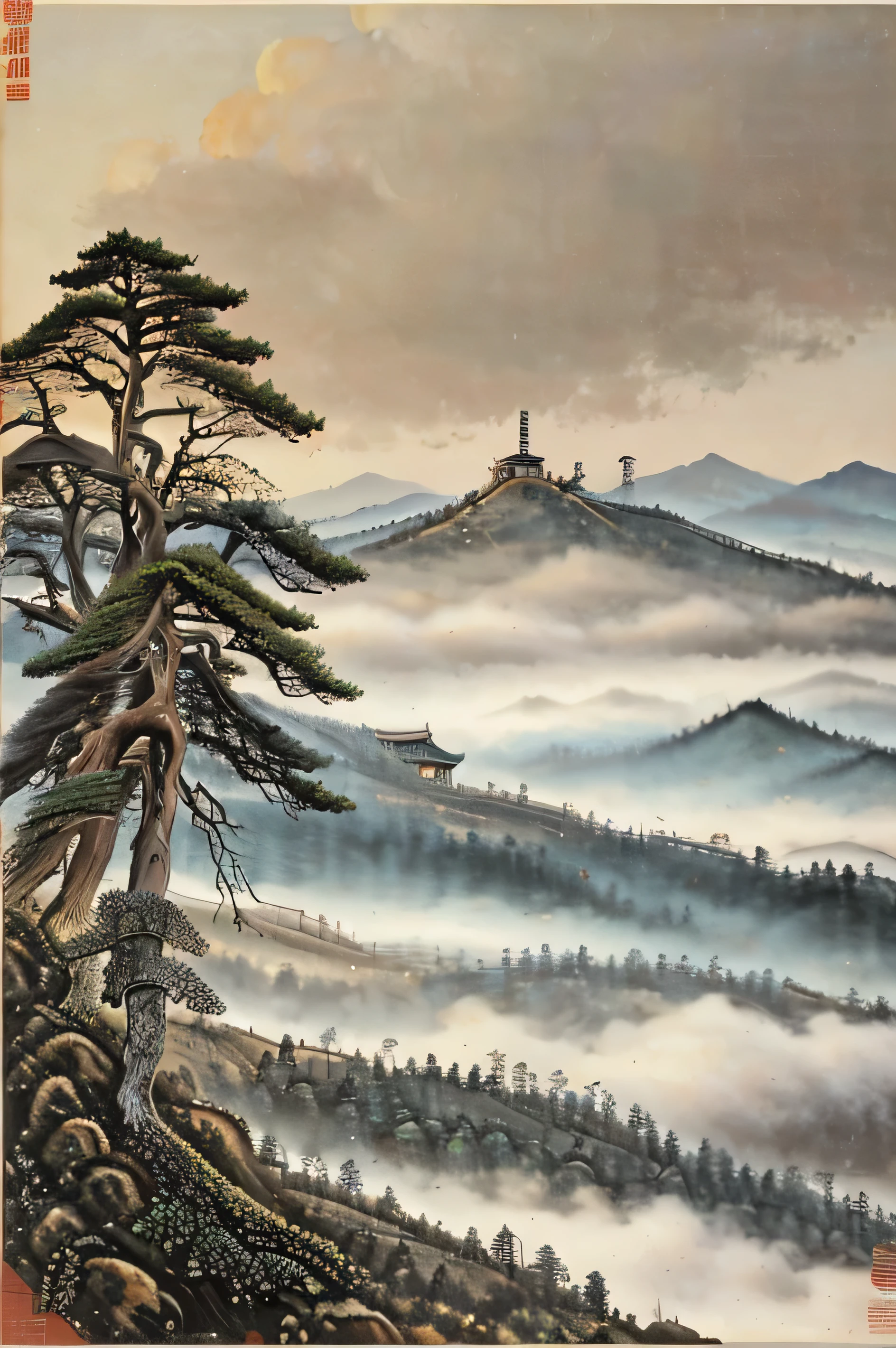 ((best quality)), ((masterpiece)), (detailed), ((landscape)),Clouds,Pine and cypress,(((Chinese style)))