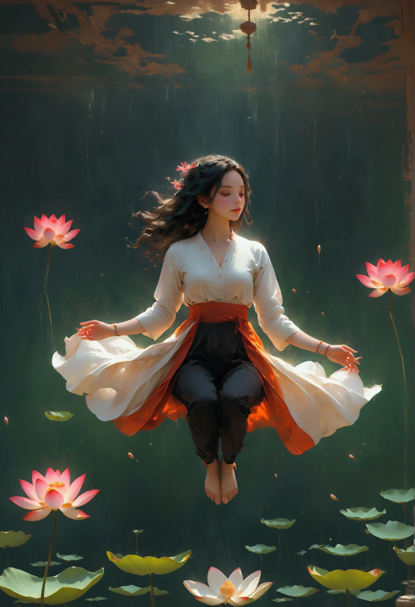 (Vibrant colors),lotus pose,Girl floating in the air:2,(best quality:1.2),detailed portrait,Tranquil Background,Soft shadows,Soft lighting,Meditation atmosphere,Exquisite lines.Minimalist Journey,Girl floating in the air:2,Girl floating in the air:2