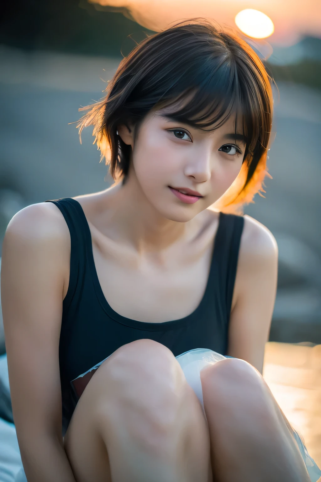 (Hyper Reality: 1.35), (Realistic: 1.4), A beautiful Japanese woman, smile, alone. (((light makeup))), masterpiece, 最high quality, high quality, alone, Very good, rty, Only one girl, Well-trained slim body, muscular, slim body, breart, (最high quality)),((Very delicate and beautiful)),((Very shallow depth of field)), ((Incredibly shallow depth of field)). family friendly, ((Very delicate and beautiful)), (((Very shallow depth of field))), (((Unbelievably absurd))), dark brown hair, blowing boyish bob hair, shag messy hair, wolf cut, big hair, windで揺れる髪, Slim body type, ((( Camera Eye)))), (((small ))), Looks like a salon model, Cool face, Neutral facial features,(ecstasy:1.3t:1.2),(vulgarity:1.3),(fucked silly:1.1),:1.1),(Wet:0.8),(trembling:0.8),(tears:0.7) ,(drooling:0.6),(sweat:0.8),open mouth, poor, my + background, Dynamic Angle, Focus on women, {Particles of light}, Detailed background, Soft lighting, (dramatic), sunset, very beautiful sunset, Live Action, Realistic, (blurred background), (((11 years old))), (((windent)), ((emotion)), ((colorful)), ((Baby Face)), Wither, sea background, No makeup, high neck, Sleeveless, silver latex, turtleneck, (((whole body))), (((knees))), walking,