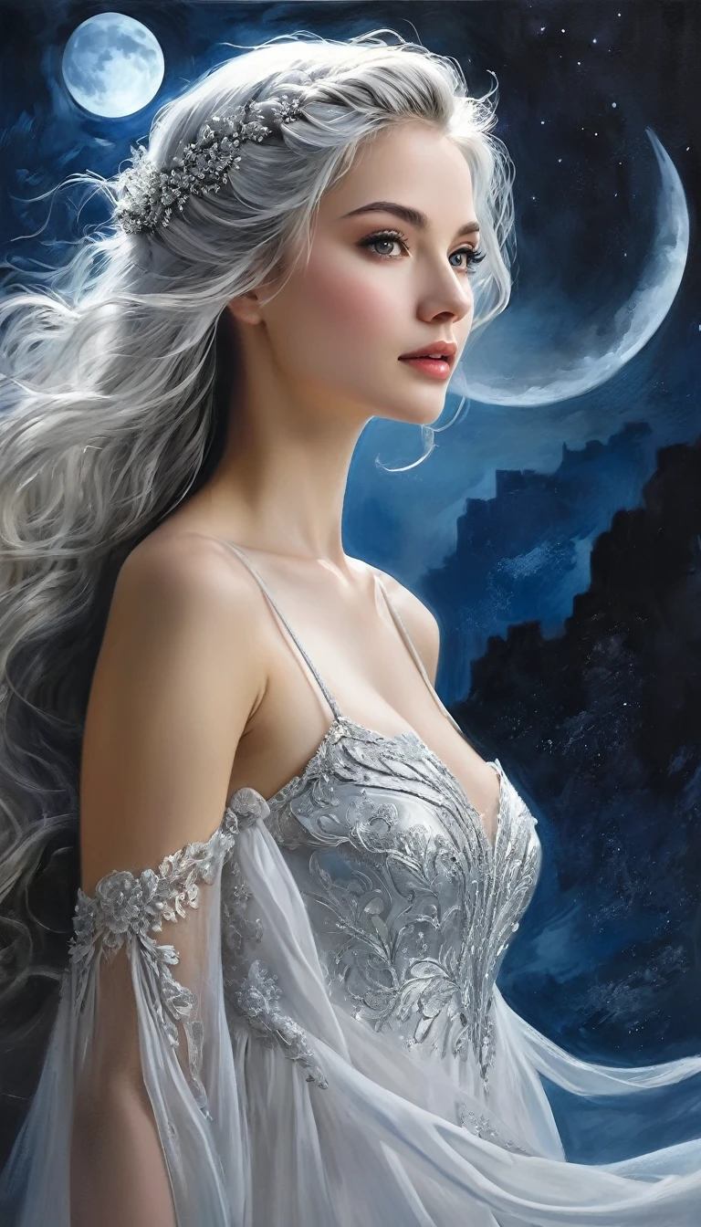 a beautiful silver-haired girl, 19 years old, long wild hair, moonlight, highly detailed, digital painting, concept art, cinematic lighting, dramatic, photorealistic, 8k, masterpiece