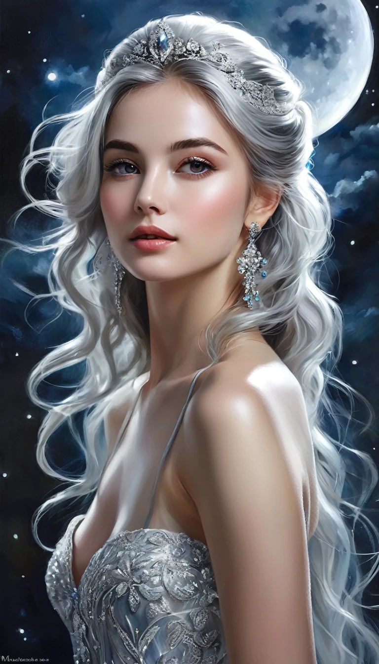 a beautiful silver-haired girl, 19 years old, long wild hair, moonlight, highly detailed, digital painting, concept art, cinematic lighting, dramatic, photorealistic, 8k, masterpiece