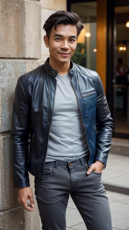 solo , 1man , thai man , leather jacket , grey shirt , blue trousers jeans , happy