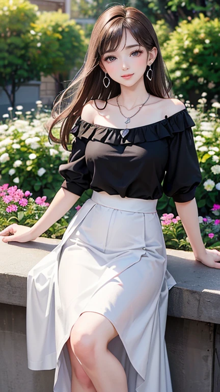 (Highest quality、 8k 、masterpiece、High resolution)、Young lovely woman、Ample breasts、Smooth and unnoticeable collarbone、Slender beauty、(Brown hair medium、My hair is blowing in the wind、Flows backwards)、Full Body Shot、 (Beautiful Face,Beautiful Eyes,Beautiful nose,Pretty lips)、(Stephanie hoove earrings、silver heart necklace)、((Black tops、White and monochrome dot long skirt(Ankle length))、Her mouth opens slightly and a smile appears.、Pause、Outdoor、(A Western-style garden filled with blooming flowers)、Colorful flowers、Vibrant colors、The red stands out、looking at the camera、Professional Lighting、Professional photographer、Detailed CG、