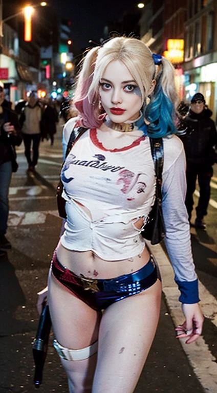 (NSFW) Masterpiece, portrait of a beautiful young lady with the apearance of harley quinn with pretty make-up and black glossy lips. She has thick long blonde hair tied in twin bunches with pink and blue ends and she is wearing a tight black and red short leather skirtwith chains and nothing else. She has large Voluptuous breasts with nipples showing. Taken by professional photographer using a canon 5D mark 3. Extremely detailed and colourful --ar 2:3 --v 6.0 --style raw --s 750