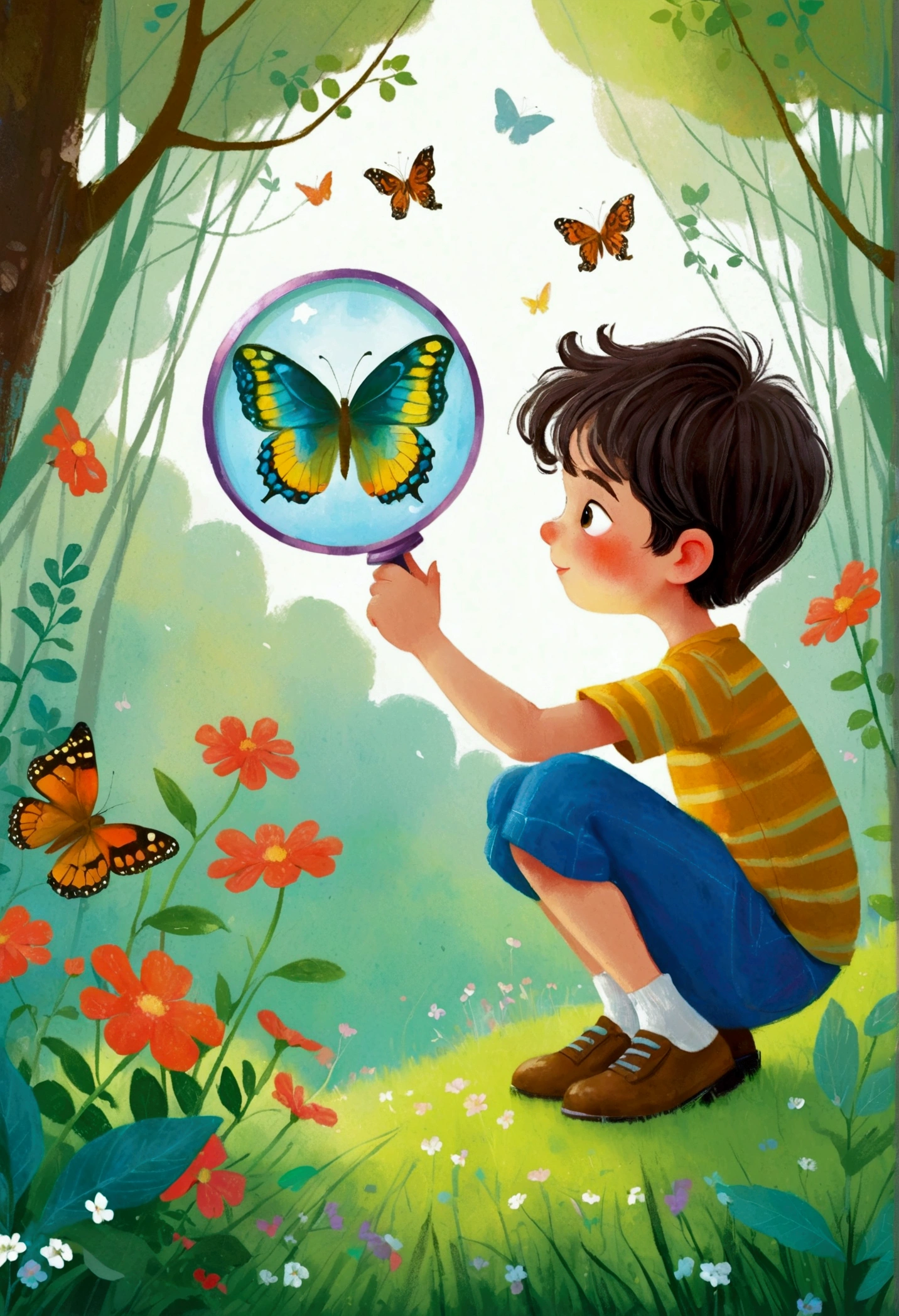 Pastel Art Illustration:A little boy in the forest observes a butterfly through a magnifying glass。 梅青 的Storybook illustration, devianart contest winners, Concept Art, Children's Book Illustrations, Children's Book Illustrations, Children's Book Illustrations, Children's Book Illustrations, colorful Children's Book Illustrations, Children's Book Illustrations, Children's illustrations, Children's Book Illustrations, Storybook illustration, Children's illustrations