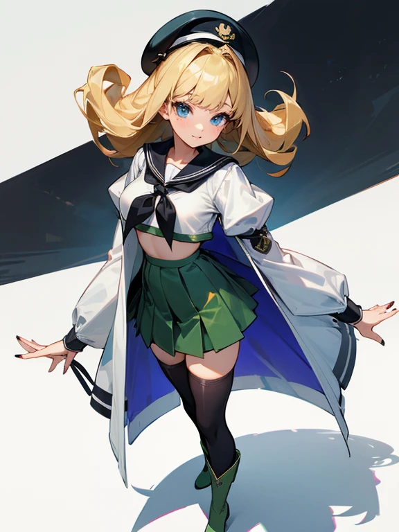 imagine a girl, big , masterpiece, (perfectly detailed), full 4k quality, perfectly defined, 1 girl, full_ body, ((standing)), magical_girl, legs_apart, skindentation, large_breast, neckerchief, blue_neckerchief, between_breasts, blue eyes, almond eyes, smile, string_bikini, black_bikini, bikini, bikini_top_only, hanging_breasts, blonde long hair, curly_hair , eyebrows_hidden_by_hair, blunt_bangs, hime_cut, tress_ribbon, nail_polishn black_nails, coat, striped_clothes, white_coat, open_coat, long_sleeves, sleeves_past_wrists , puffy_sleeves, sailor_dress, sailor_collar, black_sailor_collar, miniskirt, pencil_skirt, high-waist_skirt, ((green_skirt)), thighhighs, boots, knee_boots, high_heels, platform_boots, green_footwear, fold-over_boots, shadow, pinky_out, peaked_cap, white_hat, miltary hat, pulling_own_clothes, taut_dress, pussy_juice, pussy_juice_trail, white_background
