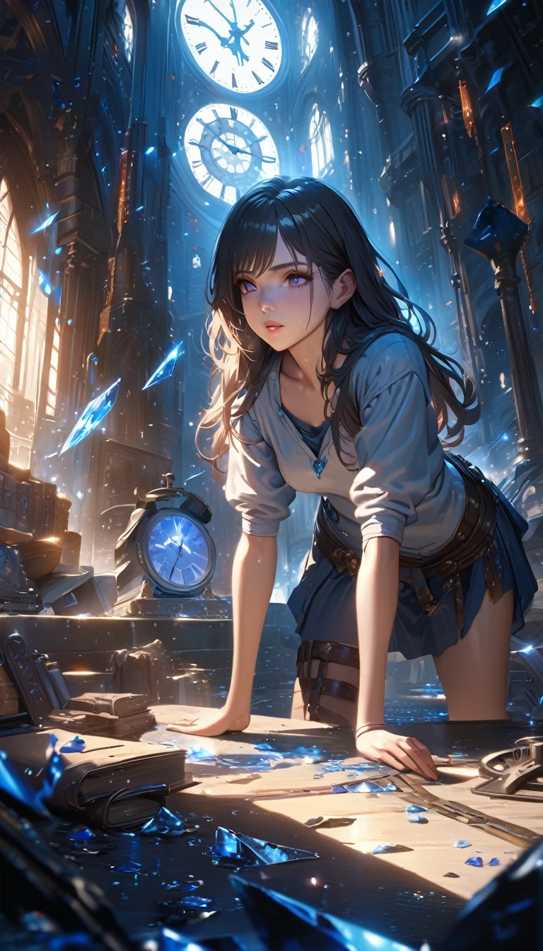 Cool girl, Clock eyes, broken glass shard, dark fantasy, anime, detailed lighting, UHD, (blue lighting), Masterpiece, highest quality, realistic,8k