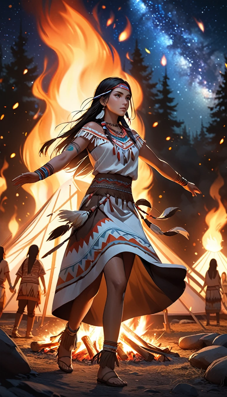 A young native American woman, full body shot, dancing around a large fire camp in the middle of the night, alternating between slow and gentle movements and fast, energetic ones, digital painting, detailed face, beautiful eyes, detailed facial features, intricate jewelry, traditional native American clothing, detailed tattoos, warm campfire lighting, glowing embers, starry night sky, volumetric lighting, cinematic composition, photorealistic, sharp focus, 8k, hyper detailed, masterpiece