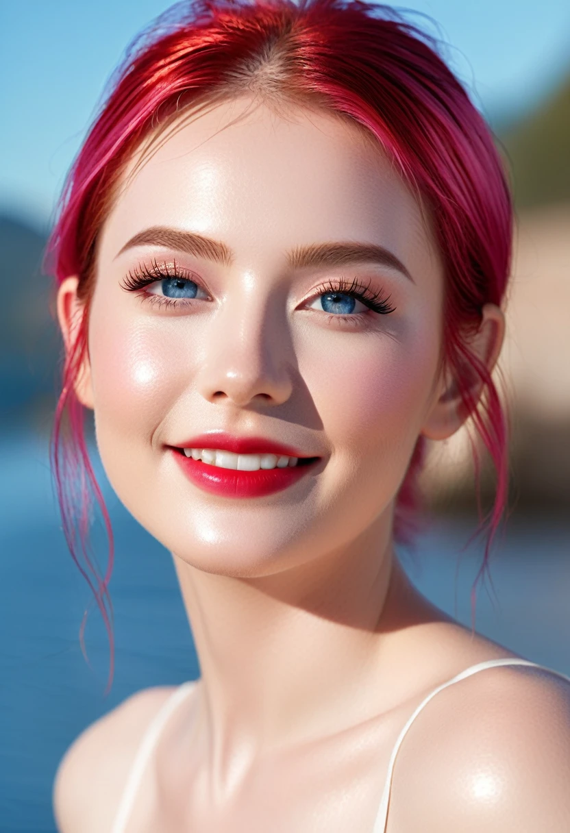 Photo taken from the waist up;
age from 18-20 years old;
detailed, ivory-white, rosy, shiny, glossy skin;
golden red hair, smooth, flowing in the sunlight, detailed;
blue eyes, seductive, ((sharp makeup)), realistic, ((wet)), detailed, pink eyeshadow;
two delicate eyelids, perfectly beautiful, detailed, black eyelashes;
curved, sparse, sharp, detailed eyebrows;
beautiful and perfect face, saintly, light makeup, perfectly proportioned, beautiful in every detail, ((shiny)), cosmetics;
beautiful, lovely, high, detailed nose;
Blush, prominent, detailed cheekbones;
seductive lips, glossy pink lips;
radiant smile, pure white teeth, details; Photo taken with Canon EOS R5 85mm f/11 Camera, ((sharp)) mode of people and surrounding scenery. Image quality ((8K)), ((lifelike)), ((masterpiece)), ((sharp and highest contrast)), ((great depth of field)), ((light stereolithography)).
((Pink hair)), ((high-end cosmetic makeup)), ((bright, radiant smile)), ((brilliant glossy red lipstick)), ((Ivory, white skin bright)), detailed pores, ((glossy skin)), ((Light shining directly on the face)), bright sunlight.