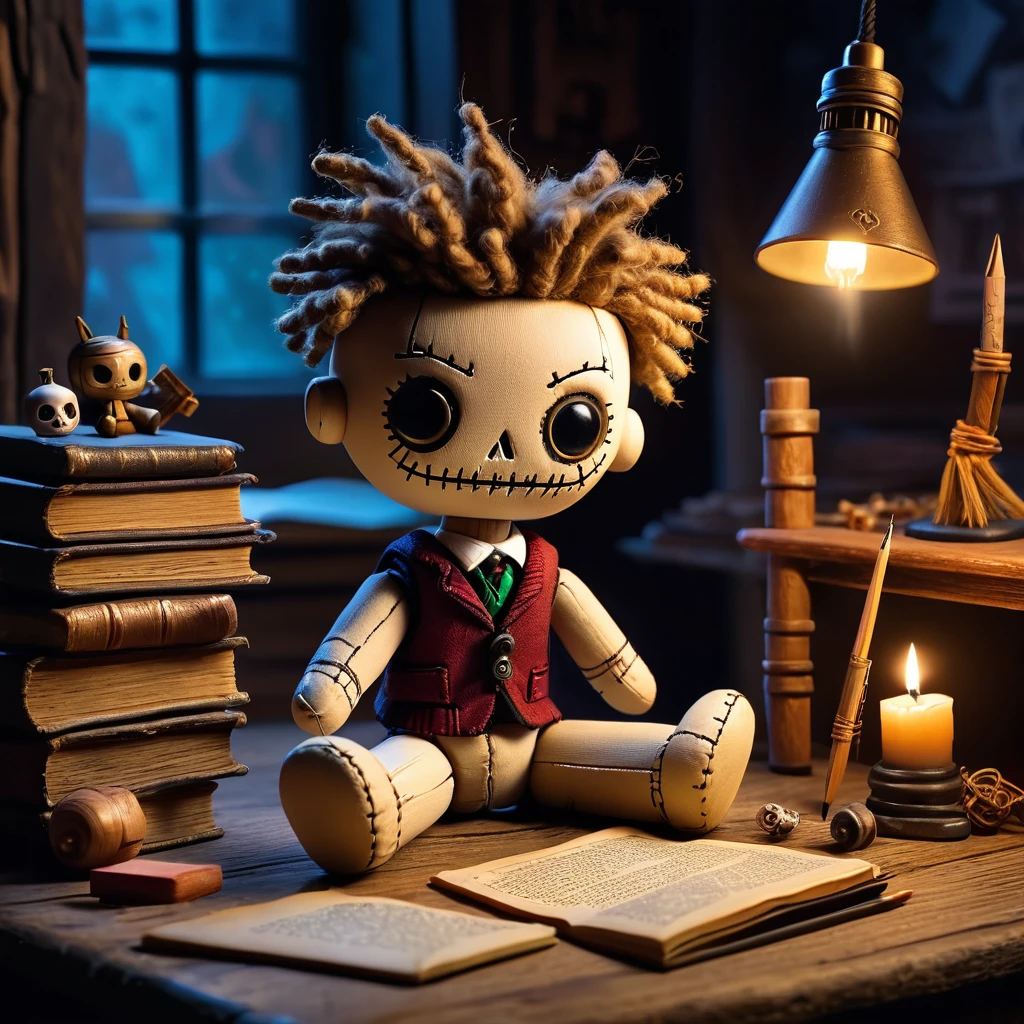 (knitted toy voodoo doll:1.7), (Voodoo Schoolboy Sitting at Desk:1.3), (Clothing: tattered with mystical symbols:1.0), (Accessories: miniature glowing textbooks, tiny floating pencils, small enchanted backpack:1.2), (background: eerie and abandoned classroom with flickering lights and glowing magical elements, ethereal light illuminating the scene:1.2), (Desk: old wooden desk with mystical carvings, enchanted quill floating above:1.3), best quality, masterpiece, detailed soft oil painting, detailed background, dramatic cinematic lighting, soft edge lighting, professional, dramatic lighting, hard edge lighting, ultra quality, 4k,masterpiece, best quality, 8k, ultra highres, highres, extremely detailed