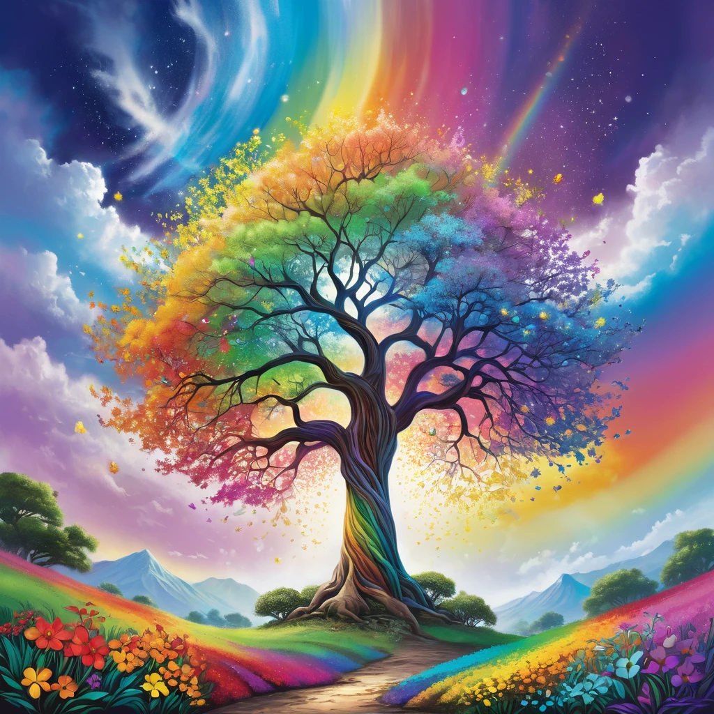 Painting of a tree with rainbow colored sky and flowers, the tree of Life, Magic tree, tree of Life seed of doubt, cosmic tree of Life, tree of Life, ethereal rainbows, Colorful exotic trees, Plant Rainbow Background, Magic Tree, world Tree, Colorful的树木, Colorful landscape paintings, Colorful, Fantasy tree, Colorful