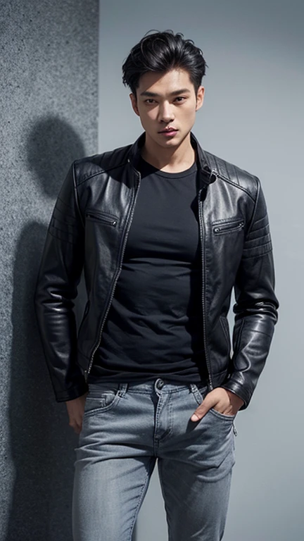 solo , 1man , thai man , leather jacket , grey shirt , blue trousers jeans , happy