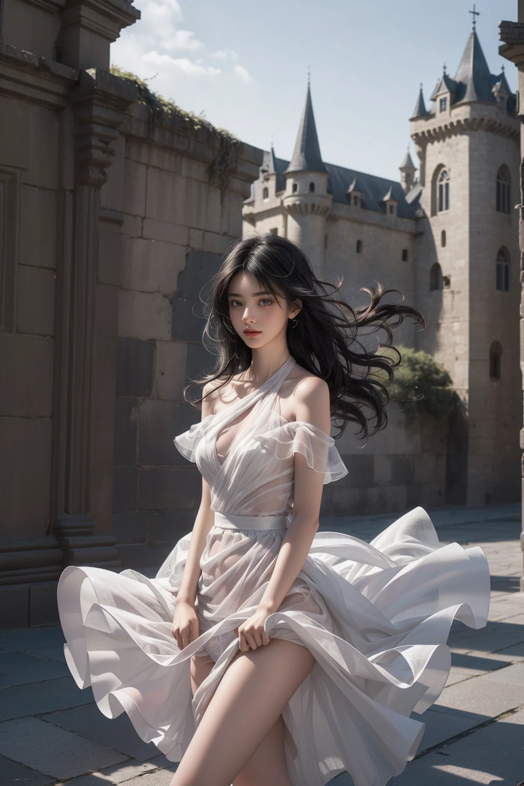 ((Girl standing in front of the wall of an old castle))、Fluorescent color、1 girl、Looking to the side、Beautiful face、Beautiful eyes、(Off the shoulder:1.2)、Upper Body、Shiny Hair、Glowing Skin、 Reduce glare、The proportions of the fingers have been adjusted、Escrow、ass pov、Dynamic Angle、(((Master part)))、(((highest quality)))、(((Super-detailed))) detailed)、(An illustration)、(Detailed light)、(Very delicate and beautiful)、Dramatic_Shadow、Ray_Tracking、reflection、 Ultra-high resolution、((A girl with colorful hair and mesh in her black hair))、 Her hair flutters in the wind、(Large deep blue eyes)、Black Haired Woman、 Sparkling Butterfly、Black-haired woman、Points of light around the woman、Magical Aura、Green dot、Aura About Natural、超Magical AuraBlack-haired woman,((Semi-transparent white open shoulder dress:1.3))、(No sleeve)、((My skirt is flying up in the wind)),((An old European castle is hazy in the distance)),((White panties are visible)),